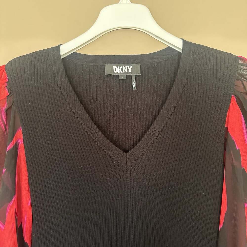 DKNY L Sheer Balloon Sleeve Top Black Red Ribbed Mixed Media Top Black Floral - Picture 4 of 9